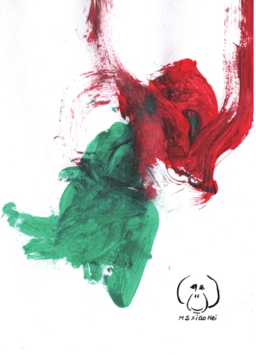 Orangutans in the Nanjing Hongshan Forest Zoo in East China's Jiangsu Province 
Below: A painting created by Xiaohei, one of the orangutans at the zoo Photos: Courtesy of the Nanjing Hongshan Forest Zoo